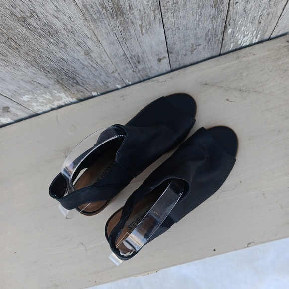 Steve Madden Womens 7.5M Nobel Block Heels Black Leather Open Toe Ankle Boot - Picture 2 of 10